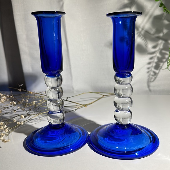 Vintage Hand Blown Colbalt Blue Bubble Glass Candle Holders Set of 2 - Picture 2 of 9